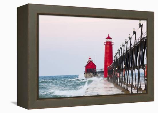 Grand Haven South Pier Lighthouse at Sunrise on Lake Michigan, Ottawa County, Grand Haven, Michigan-Richard and Susan Day-Framed Premier Image Canvas