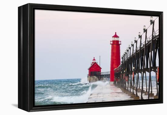 Grand Haven South Pier Lighthouse at Sunrise on Lake Michigan, Ottawa County, Grand Haven, Michigan-Richard and Susan Day-Framed Premier Image Canvas