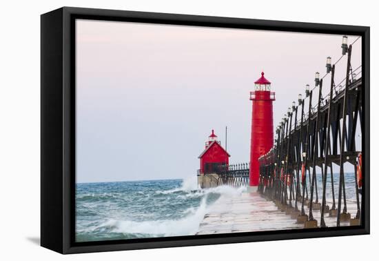 Grand Haven South Pier Lighthouse at Sunrise on Lake Michigan, Ottawa County, Grand Haven, Michigan-Richard and Susan Day-Framed Premier Image Canvas