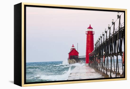 Grand Haven South Pier Lighthouse at Sunrise on Lake Michigan, Ottawa County, Grand Haven, Michigan-Richard and Susan Day-Framed Premier Image Canvas