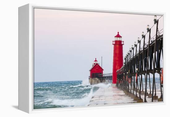 Grand Haven South Pier Lighthouse at Sunrise on Lake Michigan, Ottawa County, Grand Haven, Michigan-Richard and Susan Day-Framed Premier Image Canvas