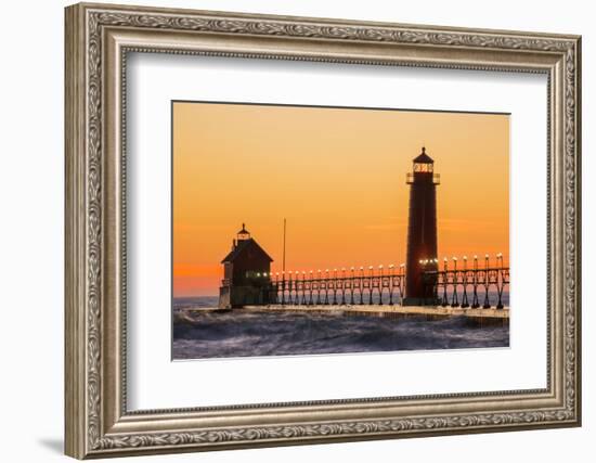 Grand Haven South Pier Lighthouse at Sunset on Lake Michigan, Ottawa County, Grand Haven, Michigan-Richard and Susan Day-Framed Photographic Print