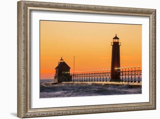 Grand Haven South Pier Lighthouse at Sunset on Lake Michigan, Ottawa County, Grand Haven, Michigan-Richard and Susan Day-Framed Photographic Print