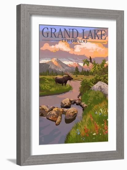 Grand Lake, Colorado - Moose and Meadow-Lantern Press-Framed Art Print