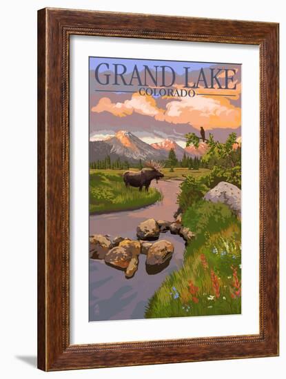 Grand Lake, Colorado - Moose and Meadow-Lantern Press-Framed Art Print