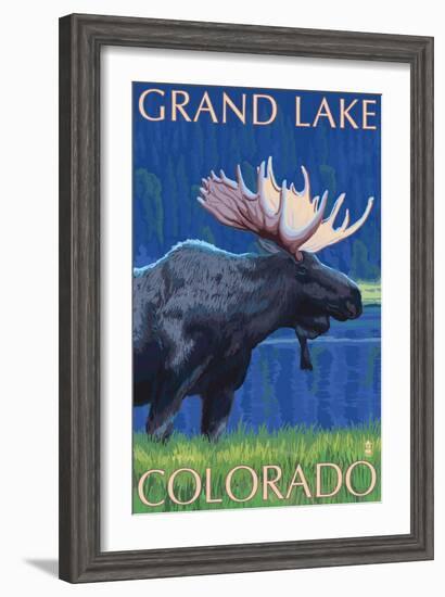 Grand Lake, Colorado - Moose at Night-Lantern Press-Framed Art Print