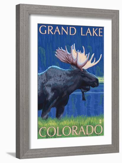 Grand Lake, Colorado - Moose at Night-Lantern Press-Framed Art Print