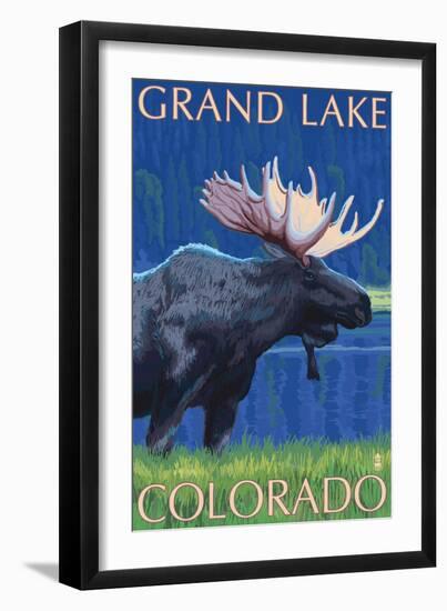 Grand Lake, Colorado - Moose at Night-Lantern Press-Framed Art Print