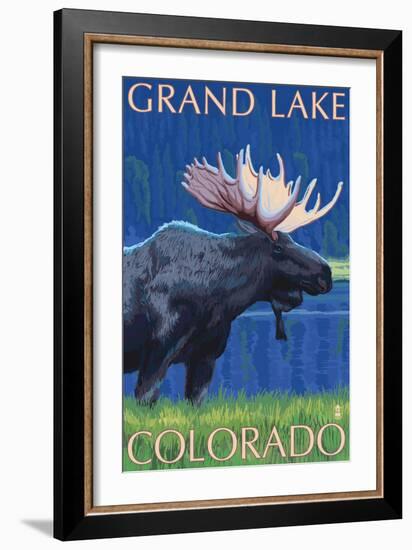 Grand Lake, Colorado - Moose at Night-Lantern Press-Framed Art Print