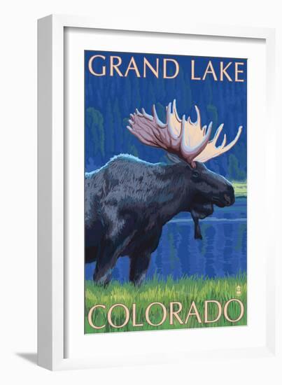 Grand Lake, Colorado - Moose at Night-Lantern Press-Framed Art Print