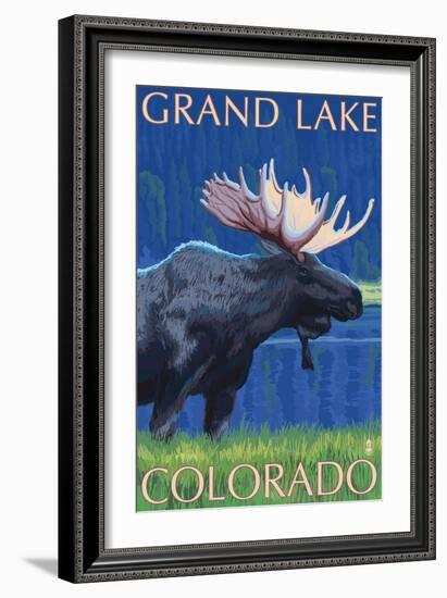 Grand Lake, Colorado - Moose at Night-Lantern Press-Framed Art Print