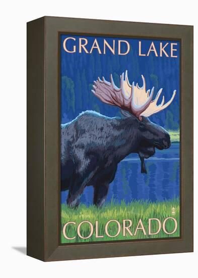 Grand Lake, Colorado - Moose at Night-Lantern Press-Framed Stretched Canvas