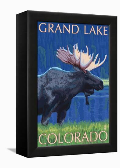 Grand Lake, Colorado - Moose at Night-Lantern Press-Framed Stretched Canvas