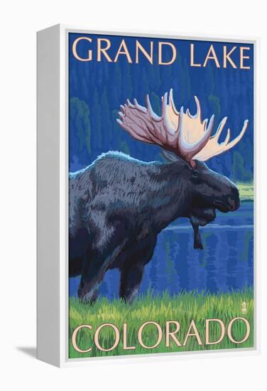 Grand Lake, Colorado - Moose at Night-Lantern Press-Framed Stretched Canvas