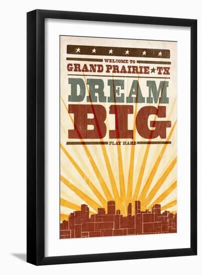 Grand Prairie, Texas - Skyline and Sunburst Screenprint Style-Lantern Press-Framed Art Print