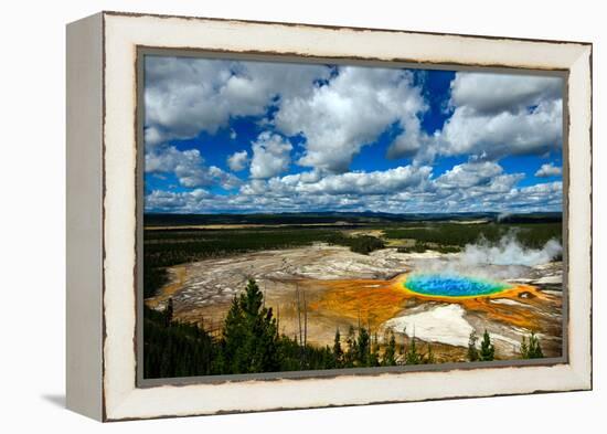 Grand Prismatic Pool at Yellowstone National Park with Blue Sky and Puffy Clouds-eric1513-Framed Premier Image Canvas