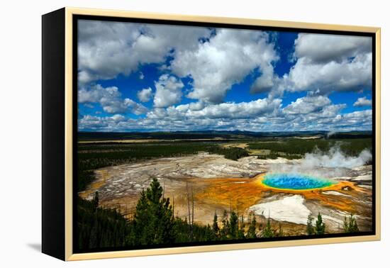 Grand Prismatic Pool at Yellowstone National Park with Blue Sky and Puffy Clouds-eric1513-Framed Premier Image Canvas