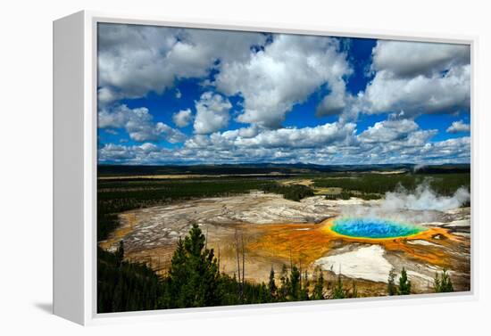 Grand Prismatic Pool at Yellowstone National Park with Blue Sky and Puffy Clouds-eric1513-Framed Premier Image Canvas