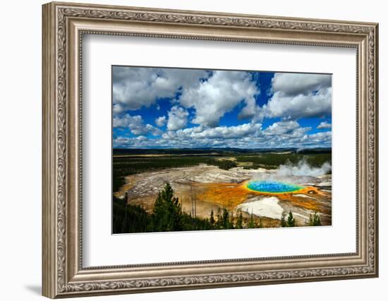 Grand Prismatic Pool at Yellowstone National Park with Blue Sky and Puffy Clouds-eric1513-Framed Photographic Print