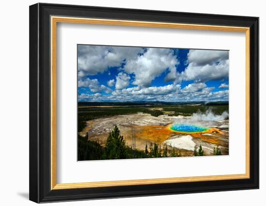 Grand Prismatic Pool at Yellowstone National Park with Blue Sky and Puffy Clouds-eric1513-Framed Photographic Print