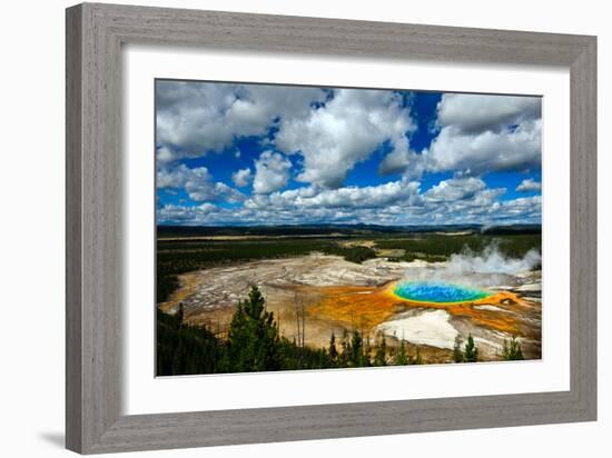 Grand Prismatic Pool at Yellowstone National Park with Blue Sky and Puffy Clouds-eric1513-Framed Photographic Print