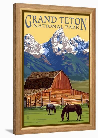 Grand Teton National Park - Barn and Mountains-Lantern Press-Framed Stretched Canvas