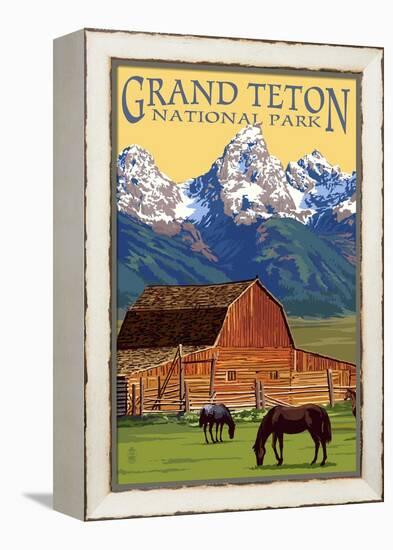 Grand Teton National Park - Barn and Mountains-Lantern Press-Framed Stretched Canvas