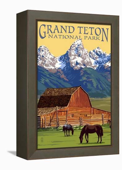 Grand Teton National Park - Barn and Mountains-Lantern Press-Framed Stretched Canvas