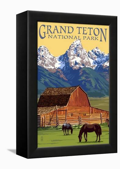 Grand Teton National Park - Barn and Mountains-Lantern Press-Framed Stretched Canvas