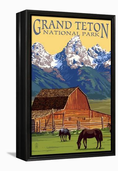 Grand Teton National Park - Barn and Mountains-Lantern Press-Framed Stretched Canvas