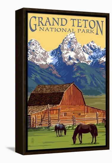 Grand Teton National Park - Barn and Mountains-Lantern Press-Framed Stretched Canvas