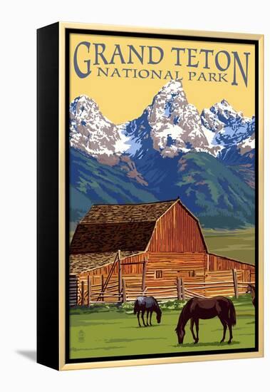 Grand Teton National Park - Barn and Mountains-Lantern Press-Framed Stretched Canvas