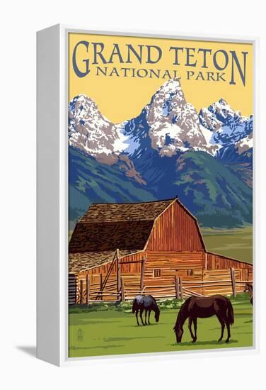 Grand Teton National Park - Barn and Mountains-Lantern Press-Framed Stretched Canvas