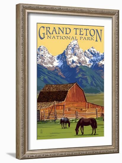 Grand Teton National Park - Barn and Mountains-Lantern Press-Framed Premium Giclee Print