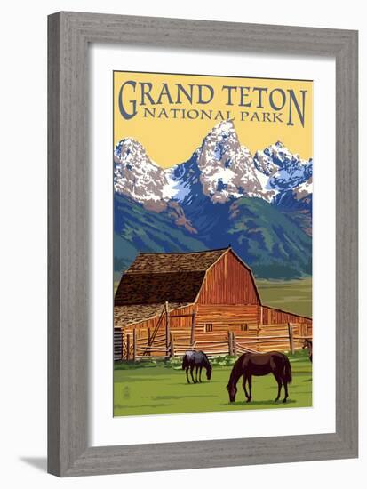 Grand Teton National Park - Barn and Mountains-Lantern Press-Framed Premium Giclee Print