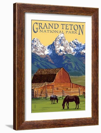 Grand Teton National Park - Barn and Mountains-Lantern Press-Framed Premium Giclee Print