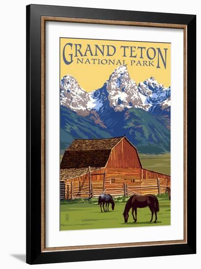 Grand Teton National Park - Barn and Mountains-Lantern Press-Framed Premium Giclee Print