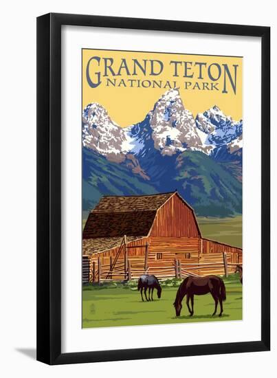 Grand Teton National Park - Barn and Mountains-Lantern Press-Framed Premium Giclee Print