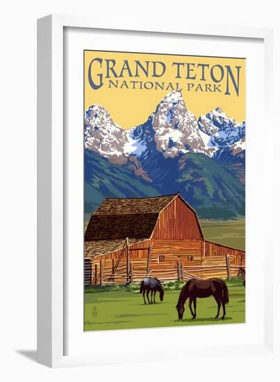 Grand Teton National Park - Barn and Mountains-Lantern Press-Framed Premium Giclee Print