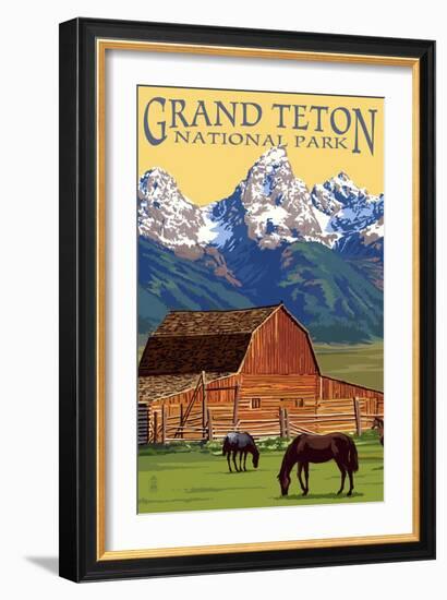 Grand Teton National Park - Barn and Mountains-Lantern Press-Framed Premium Giclee Print