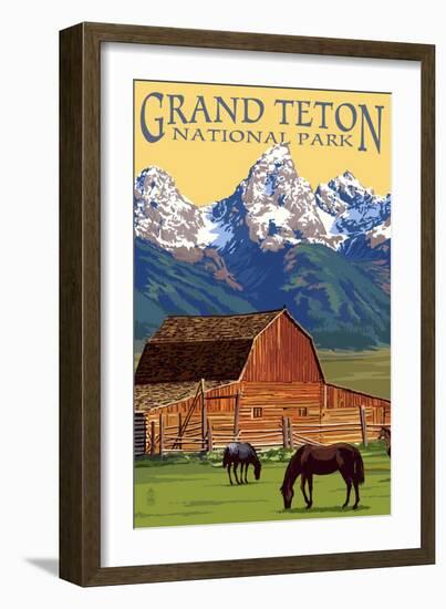 Grand Teton National Park - Barn and Mountains-Lantern Press-Framed Art Print