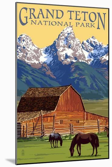 Grand Teton National Park - Barn and Mountains-Lantern Press-Mounted Art Print