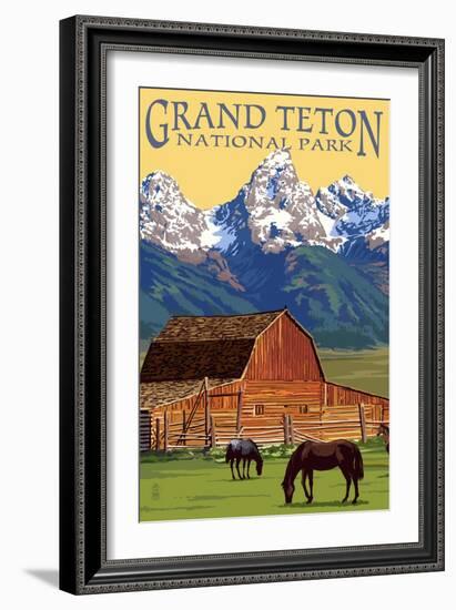 Grand Teton National Park - Barn and Mountains-Lantern Press-Framed Art Print