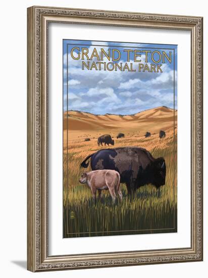 Grand Teton National Park - Buffalo and Calf-Lantern Press-Framed Art Print