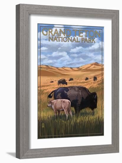 Grand Teton National Park - Buffalo and Calf-Lantern Press-Framed Art Print