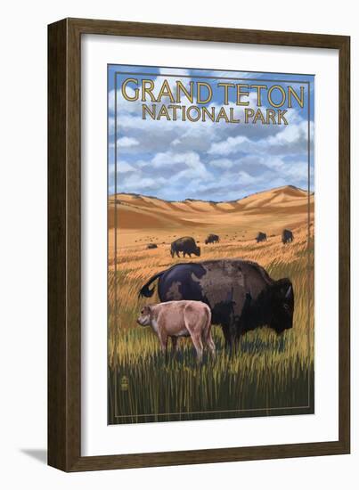 Grand Teton National Park - Buffalo and Calf-Lantern Press-Framed Art Print