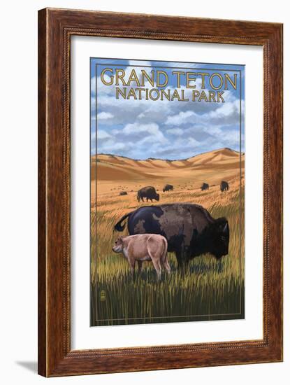 Grand Teton National Park - Buffalo and Calf-Lantern Press-Framed Art Print