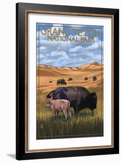 Grand Teton National Park - Buffalo and Calf-Lantern Press-Framed Art Print