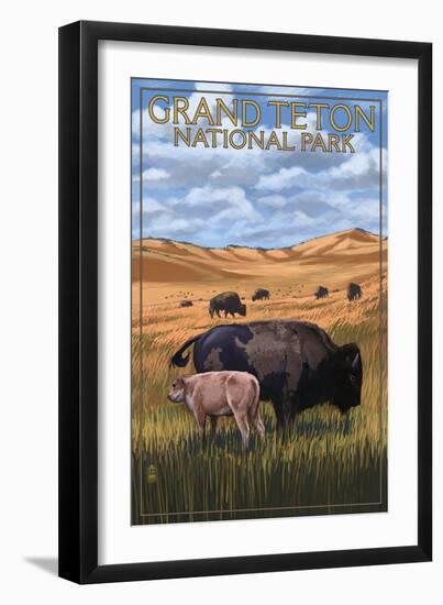 Grand Teton National Park - Buffalo and Calf-Lantern Press-Framed Art Print