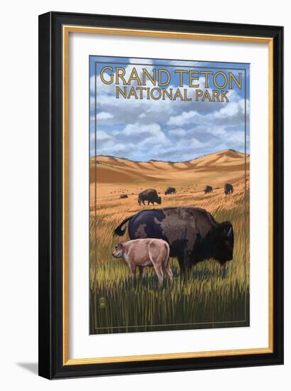 Grand Teton National Park - Buffalo and Calf-Lantern Press-Framed Art Print